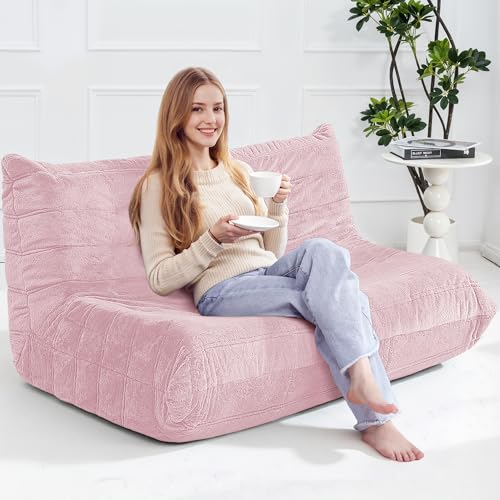 Image of Bean Bag Loveseat Chair Big Sofa Beanbag Chair for Adults Fireside Chair Bean Bag Lounger with Memory Foam Filled for Home,Apartment or Gaming Venue(Pink Plush)