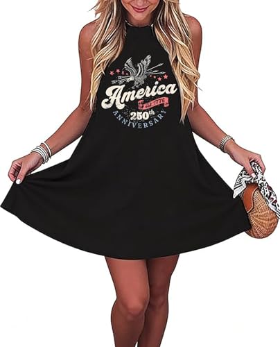 Image of American Flag Tank Dress for Women 4th of July Patriotic Graphic Sleeveless Mini Dress Casual Vacation Short Dresses