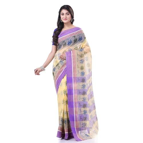 Image of dB DESH BIDESH Women`s Bengal Tant Tree Print Design Pure Handloom Cotton Saree Without Blouse Piece