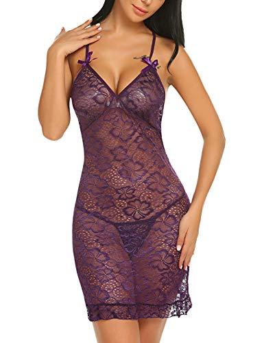 ELOVER Women's Pajamas Satin Nightgown Mini Slip Sleepwear Short Nightwear Chemise Lingerie Purple