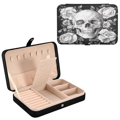 Haskirky Sugar Skull Jewelry Box Portable PU Leather Travel Jewelry Organize for Women Jewelry Storage Display Holder for Ring, Necklace, Earring