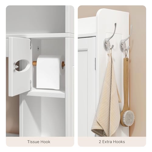Image of Ahomly Over The Toilet Storage Cabinet, 32.3 inch W x 70.3 inch H, White | Over Toilet Bathroom Organizer with Doors, Adjustable Shelves, Toilet Paper Holder, 2 Side Hooks, for Bathroom, Laundry