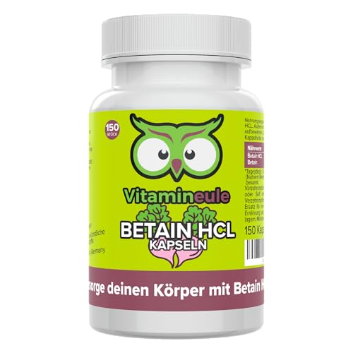 Betain HCL Kapseln - hochdosiert 650 mg - bioaktiv & vegan - Produktion in Deutschland - Betain-Hydrochlorid-Pulver ohne Zusatzstoffe & laborgeprüft - Vitamineule®