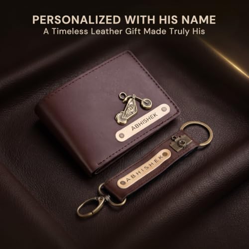Image of Personalized Name & Charm Leather Wallet & Keychain (Dark Brown) Giftset for Men|Customized Birthday Anniversary Corporate Gift for Man|Gifts for Men|Secret Santa Gifts for Office Staff Dark Brown