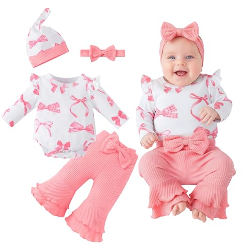 Asmea Ropa Bebe Prematuro Conjunto Bebe Recien Nacido Regalo Bebé Recien Nacido Niñas Invierno Lazo Body Pantalones Acampanados Ropa Bebé Niña Prematuro