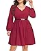 Pinup Fashion Women's Casual Long Sleeve Dress Plus Size Burgundy Red V Neck Tunic Tiered Babydoll Flowy Ruffle Short Dresses