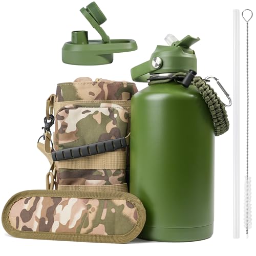 Kalawen Botella de Agua Deportiva de Acero Inoxidable Botella de agua Grande de 2,2 litros, Correa de Transporte Portátil de Tela Oxford y Tapa de Rosca a Prueba de Fugas para Deportes