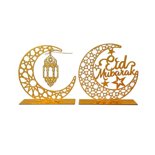 2 Pcs Eid Mubarak Decorations,Ramadan Decorations for Home,Wooden Ramadan Kareem Table Decoration 3D Sign Gifts,Gold Moon Star Crafts Ramadhan Decor Set,for Islamic Family Eid Mubarak Accessories