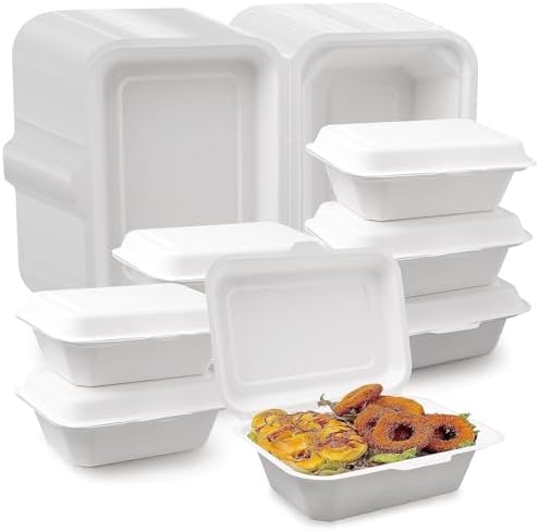100 Pack Clamshell Take Out Food Containers, 7 x 5 Inch Disposable To Go Containers, Compostable To Go Boxes, Biodegradable Food Containers Made of Sugar Cane Fibers