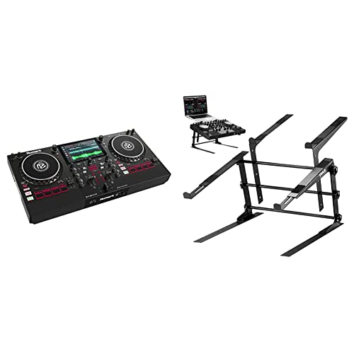 Numark Mixstream Pro Standalone DJ Controller with Speakers, 7â Touch Screen & FX & Pyle Portable Dual Laptop Stand - Standing Table with Adjustable Height, Ergonomic Design & Anti-Slip Prongs, Black