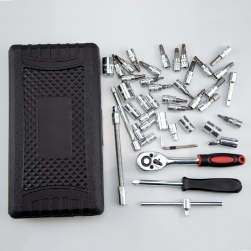 Image of KBZONE 46Pcs 1 /4 Inch Drive Box End Socket Set,Metric Ratchet Wrench Set With 4-14Mm Cr-V Sockets,S2 Bits,Extension Bars,Mechanic Tool Kits For Household Auto Repair (Black), Chrome Vanadium Steel