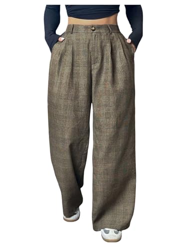 SOLY HUX Women's Plus Size Plaid Suit Pants High Waisted Wide Leg Pants Work Office Trousers Beige 3X-Large Plus