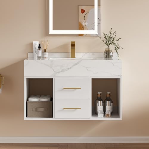 JiaYouJia Modern Floating Bathroom Vanities,Solid Wood White Bathroom Vanity with Sink/Sintered Stone Bathroom Vanity Cabinet/Gold Knobs/Handles and Ceramic Vanity Sink (35.4'',2 Packages)