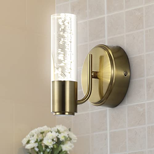 Image of JONATHAN Y 5.5 inch Brass Gold 1-Light Modern Integrated LED Vanity Light Wall Sconce for Bathroom, Clear Bubble Acrylic Shade Minimalist Art Deco Light for Hallway, Entryway, 4000K (JYL7222B)