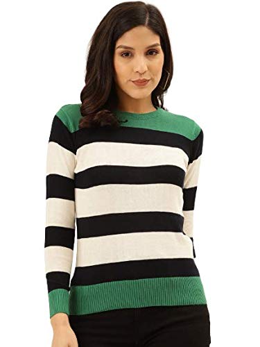 Image of Style Quotient Women's Green Striped Regular Sweaters