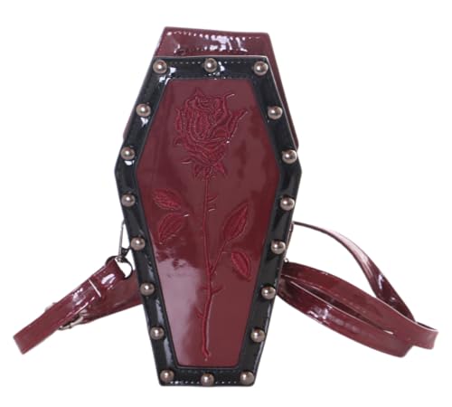 Sac cercueil gothique Kawaii-Story bordeaux avec roses d'Halloween en simili cuir 22cm