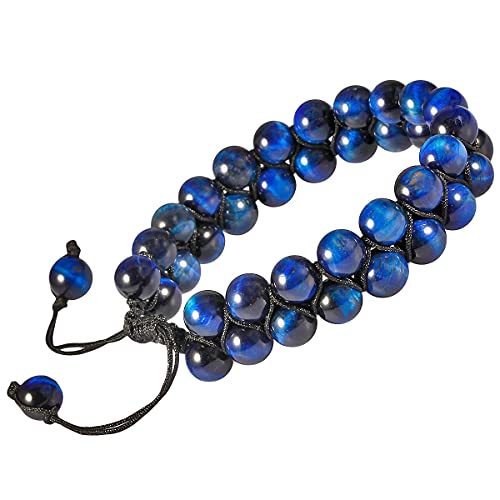 Sunyik 8Mm Round Blue Tiger's Eye Stone Adjustable Bracelet For Unisex, Double Layers Beads Macrame Friendship Bracelets, 7"-10" Strand #TOP1