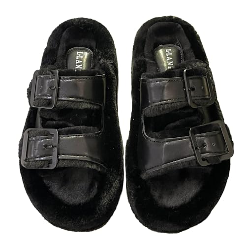 Harssidanzar Fuzzy Slides For Women Fluff Faux Fur Cross Slippers Open Toe Double buckle adjustable House Slipper Sandals KL512US
