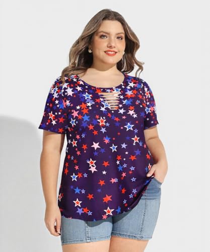 Image of CARCOS Plus Size Tops for Women Short Sleeve Shirts Basic Tee Solid Color Blouse V Neck Tunic Loose Fit Tshirts Summer XL-5XL