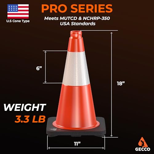 Image of GECCO (10 Pack) 18 Inch 3.3 Lb Small Orange Traffic Cones Set | Safety Cones, Orange Cones, Parking Cones, Construction Cones, Road Cones | PVC Plastic & Black Base - [PRO Series]
