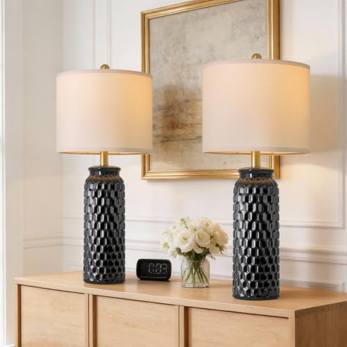 USumkky 27" Ceramic Table Lamps Set of 2 - Modern Farmhouse & Boho Style, Bedside Nightstand Lamps for Bedroom, Living Room End Table Lamps, Small Desk Lamp(Black)