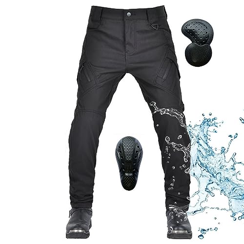 Pantalones Motocicleta Hombres, Invierno Motocicleta Anti-caída Protección Kevlar Thicken Fleece Jeans A Prueba Viento A Prueba Agua con 4 Actualización Armadura Extraíble (Black,L)