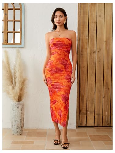 Image of Milumia Women's 2026 Summer Floral Strapeless Tube Top Dresses Side Slit Wedding Guest Bodycon Maxi Dress