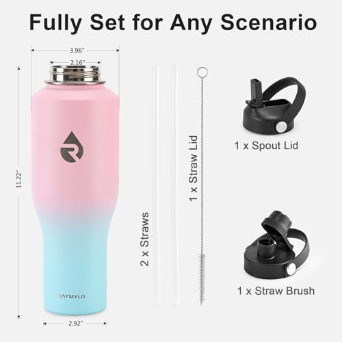 Image of RAYMYLO 40 oz Insulated Water Bottle with Straw fit in Car Cup Holder, Triple Wall Vacuum Stainless Steel(Cold 48 hrs, Hot 24 hrs), Leakproof & Non-BPA, Hydro Travel Flask with Straw and Spout Lid