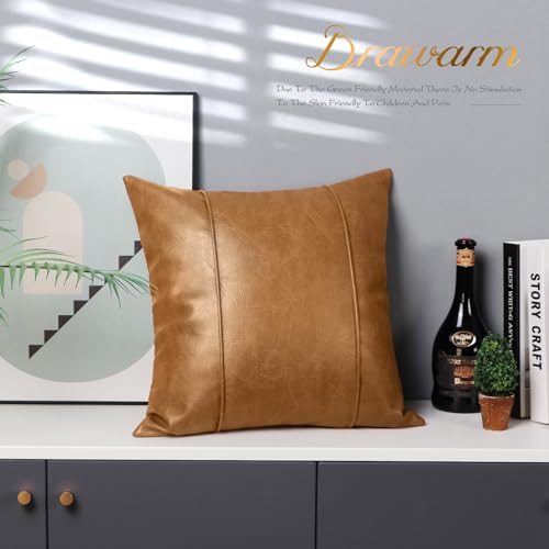 Image of BRAWARM Tan Leather Throw Pillow Covers 20 X 20 Inches - Faux Leather Pillow Cover with Piping, Hand Stitched Leather Throw Pillow for Couch Sofa Bed Living Room Home Decorative