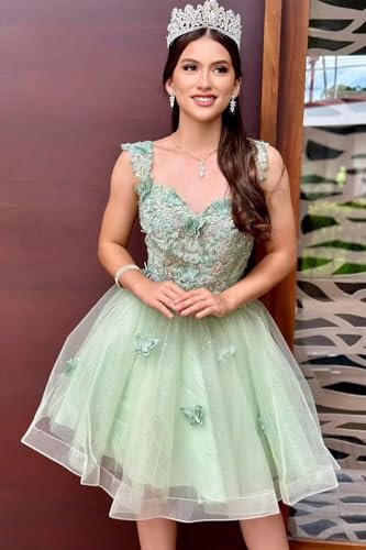 Lace Appliques Sparkly Homecoming Dresses for Teens 2025 Layered Tulle 3D Butterfly Spaghetti Strap Cocktail Party Dresses3