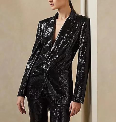 Women Suits 2 Piece Shiny Sequin V Neck Jacket Blazer Pants Sets for Prom Dinner Party2
