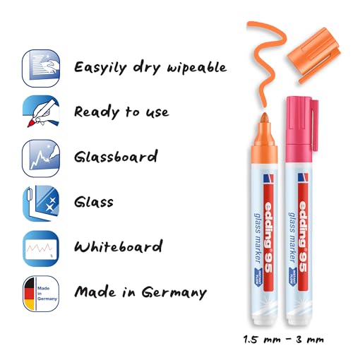 edding 95 Glasmarker - bunte Farben - 6 Stifte - Rundspitze 1,5-3 mm - zum Schreiben und Markieren auf Glasoberflächen wie Fenster, Glasboards, Whiteboards - trocken abwischbar