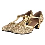ダンスシューズ 社交ダンス ラメ ヒール 3.5cm / 5.5cm 底ゴム オープンサイド Tストラップ ラテン 室内用 キラキラ 滑らない パンプス (ゴールド 3.5cm, 日本の靴のサイズ寸法, 大人, 数値, 23.5 cm)