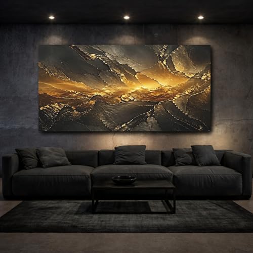 Décoration murale salon tableau abstrait géode dorée et noir horizontal