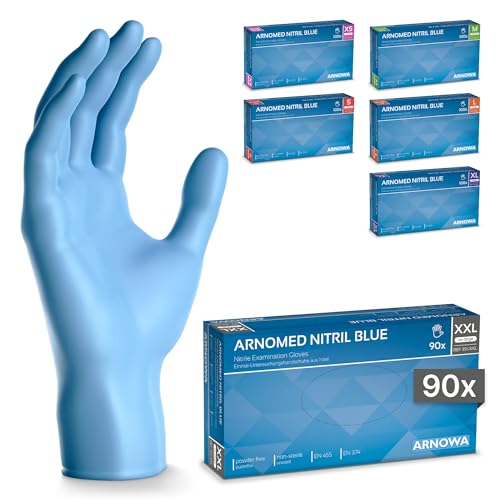 90x ARNOMED® Guantes nitrilo talla XXL Azul, Guantes desechables quirurgicos y laboratorio, Luvas nitrilo descartaveis sin polvo y látex, Manoplas nitrilo en XS, S, M, L, XL, XXL