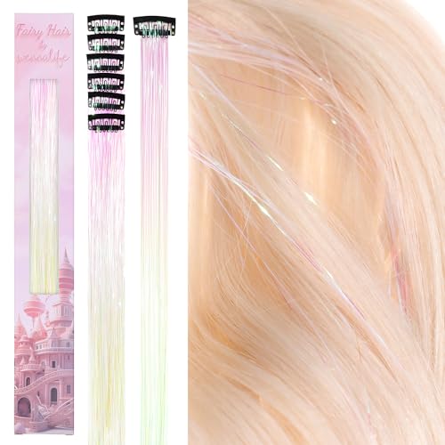 Image of WENNALIFE Hair Tinsel Clip In for Girls Bright White, 6pcs 24 inch Clips Tinsel Hair Extensions Clip in Colorful Glitter Clips Sparkle Fairy