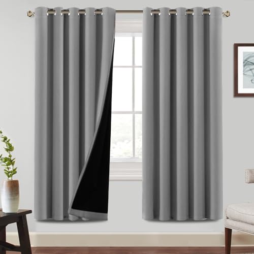 BellaHills 100% Blackout Curtains for Bedroom Thermal Insulated Blackout Curtains Heat and Full Light Blocking Eyelet Curtains for Living Room with Black Liner 2 Panels, 66 x 72 Inch, Dove Grey
