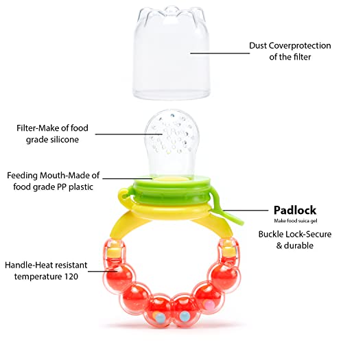 Gedebey Baby Fruit Feeder/Baby Food Feeder Pacifier - (3 Pack) 2 Pacifiers, 1 Silicone Spoon Squeeze Bottle Fresh Milk Frozen Infant Teething Toy Teether Teeth Relief Toys Feeding Rattle (Yellow) - Thumbnail 6