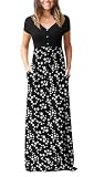 GRECERELLE Women's Short Sleeve Casual Long Dress Button Empire Waist Sundress with Pockets, Black Small Daisy, Medium