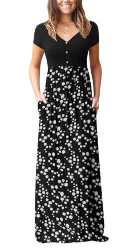 Image of GRECERELLE Womens Summer Long Maxi Dresses 2026 Short Sleeve V Neck Casual Button Dress with Pockets
