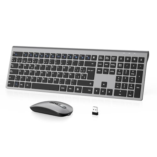 Combo Teclado y Ratón Inalámbrico  cimetech Teclado y ratón Recargable 2.4G, QWERTY Español Layout, Teclado de diseño ergonómico, Ultrafino para Ordenador/PC/portátil/Windows 10/8/7(Gris)