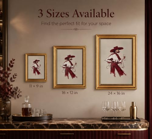 Image of Gold Framed 3D Textured Wall Art, Red Wine Cowgirl Canvas Prints, Modern Western Burgundy Fashion Pictures Decor, Vintage Editorial Cowgirl Artwork for Living Room Bedroom Entryway 16x24inch