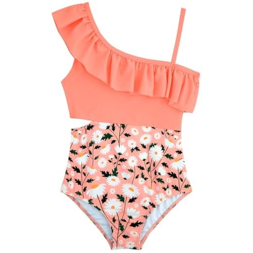 Girls One Piece Swimsuits Cutout Ruffle Bathing Suit Quick Dry Beach Swimwear with Adjustable Strap 5-14 Years 13-14 Years Orangepinkdaisy
