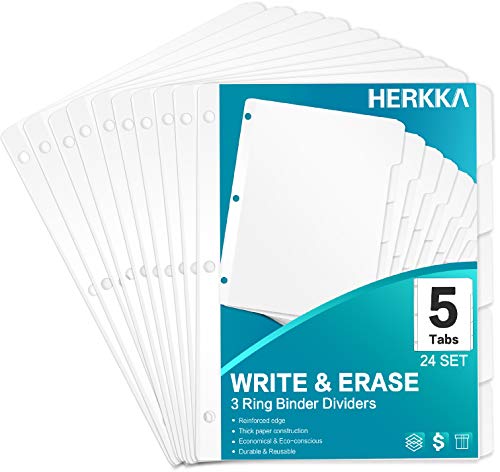 5-Tab Binder Dividers, HERKKA 24 Set 3 Ring Binder Index Dividers with 5 Tabs, Letter Size, 3 Hole Punch Section Index Dividers for Binders, White