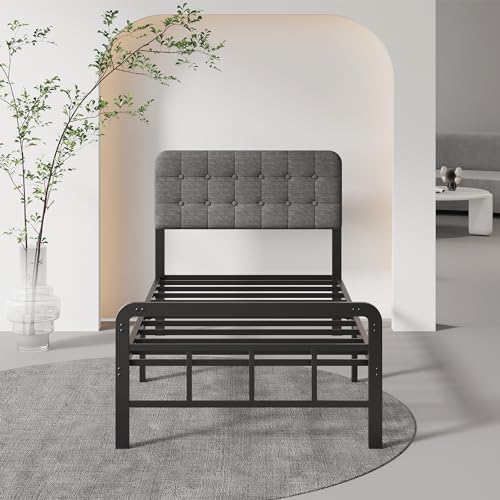 Lutown-Teen 12 Inch Twin Bed Frames with Upholstered Headboard and Metal Footboard, No Box Spring Needed, Heavy Duty Twin Metal Mattress Foundation, Noise Free, Easy Assembly