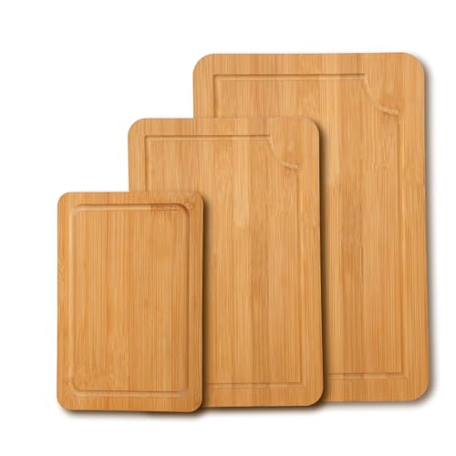 Juego de 3 tablas de cortar de madera de bambú con ranura para jugo, tabla de madera respetuosa con el medio ambiente, tablas de cortar para pan, carne, frutas, verduras