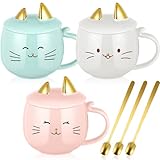 Zhehao 3 Pcs Christmas Cat Mug Cute Coffee Mugs with Spoon, Ceramic Cat Cups Novelty Animal Kitty Cup for Kids Mom Friend Girls Women Cat Lovers for Christmas Valentine's Day Gifts Present, 3 Colors