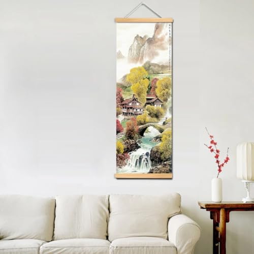 KARLOR Chinesische Malerei mit Holzrahmen, Rollbild Landschaftsmalerei Wanddekoration Kunstrolle Leinwand Gemälde Tintenstrahldruck Wand Dekoration Kunstwandrolle Herbst Stil 20 x 60 cm