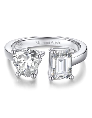 MomentWish Engagement Ring, Moissanite Promise Ring for Women, Heart and Emerald Cut Toi Et Moi Rings, Adjustable 925 Sterling Silver Wedding Ring (2Carat, VVS1)