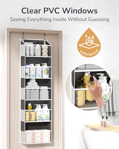 Image of ULG 1-Pack Over Door Organizer with 5 Large Pockets 10 Mesh Side Pockets, 44 lbs Weight Capacity Hanging Storage Organizer with Clear Window for Bedroom Bathroom, RV, Clear Dark Grey